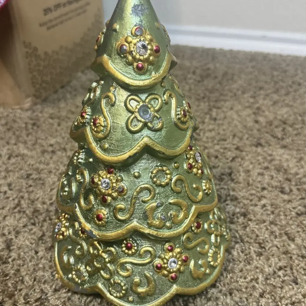 Vintage Christmas Trees shaped Candle wax w/ wick ornate decorated‎ 9.5